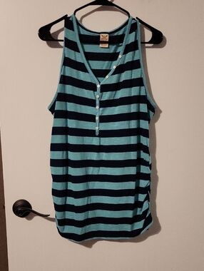 Faded Glory Teal & Navy Striped Henley Tank